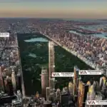 Aerial view of Central Park and surrounding skyscrapers in NYC with WAM listings markers.