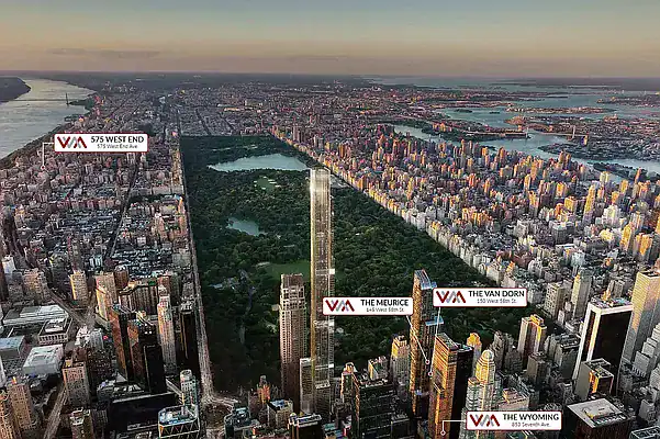 Aerial view of Central Park and surrounding skyscrapers in NYC with WAM listings markers.