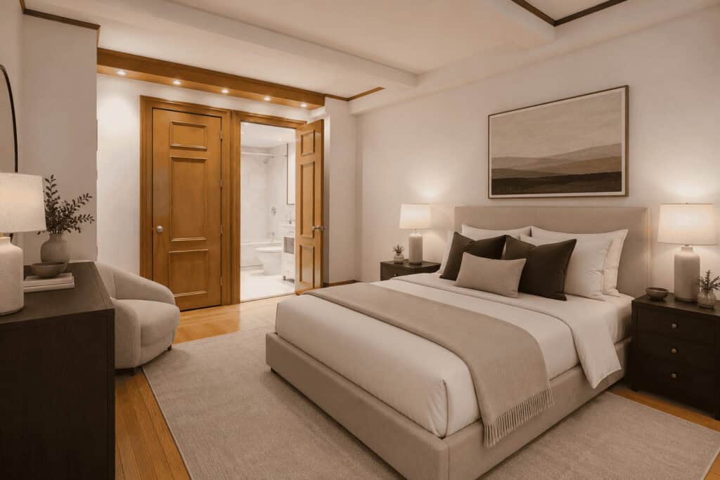 Elegant bedroom with king-sized bed, modern art, and warm lighting.