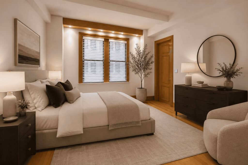 Elegant bedroom with large window, neutral tones, and modern decor for WAM Listings.