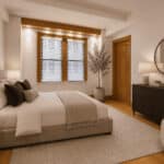 Elegant bedroom with large window, neutral tones, and modern decor for WAM Listings.