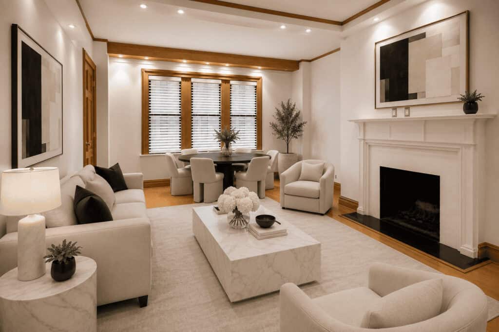 Modern living room with white furniture, fireplace, and large windows for 7K listing.