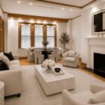 Modern living room with white furniture, fireplace, and large windows for 7K listing.